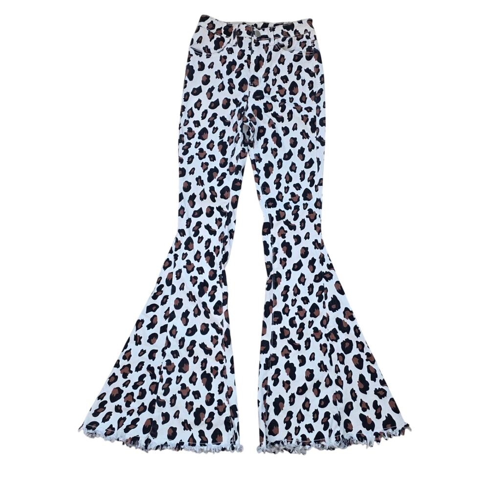 Leopard Print Flare Jeans Womens XS High Rise Stretch Bell Bottom Y2K Pants
